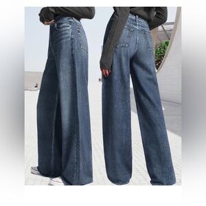 AnotherChill Women's Sweatpant Jeans Print Denim High Waisted Wide-Leg Baggy